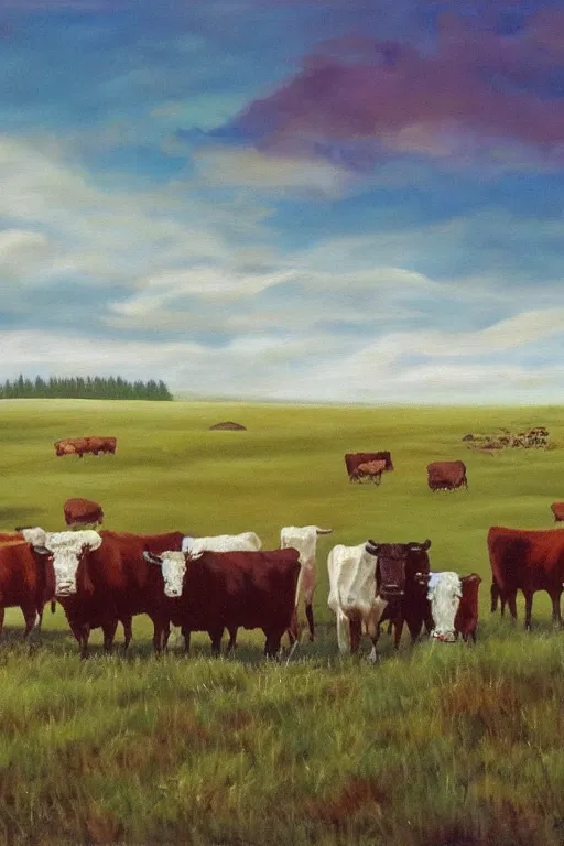 Prompt: bob ross painting of cattle grazing in alberta praries