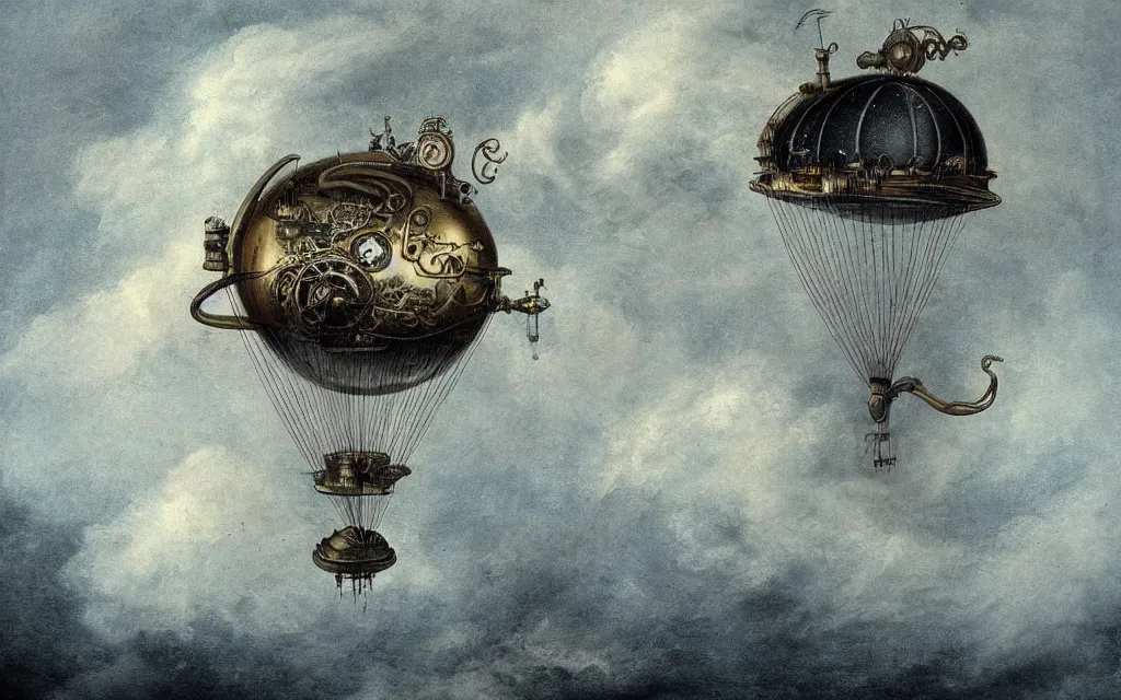 Prompt: steampunk dirigible floating between swirling clouds. haze. rococo style