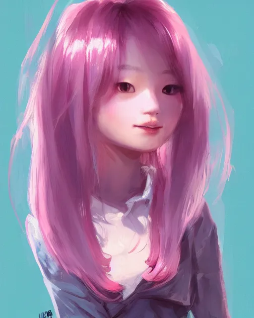 Image similar to Incredibly cute korean girl, pink hair, blue eyes by Nuri iyem, James gurney, James Jean, Greg Rutkowski, highly detailed, trending on artstation, artstationHD, artstationHQ, 4k, 8k