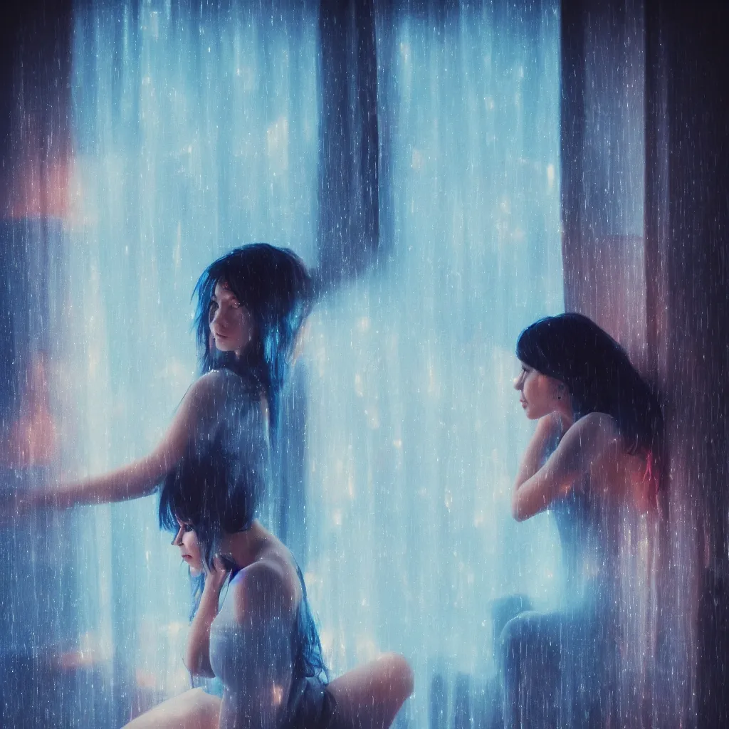 Image similar to beautiful over the shoulder photograph of a woman with dark-blue hair sitting in a bedroom next to a window on a rainy night, outside are neon lights from a busy city, award winning photo, artstation, atmospheric, high detail 1024