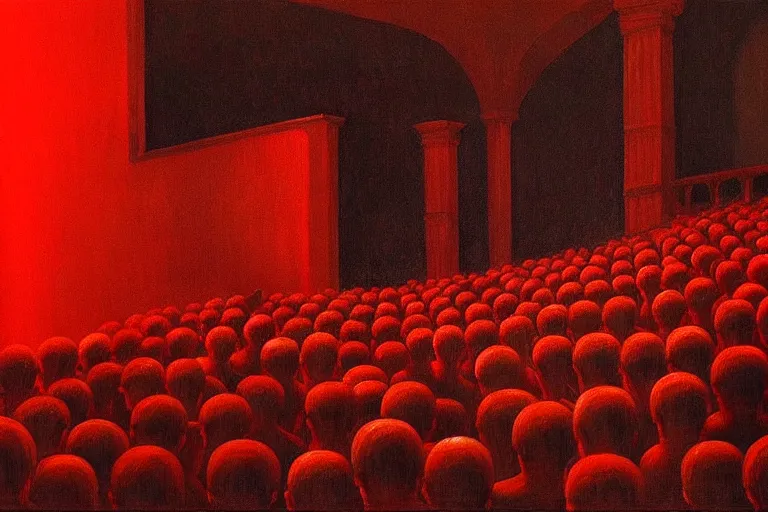 Image similar to only with red, crowd screaming, an exposed painting in a roman theater, in the style of beksinski, parts by edward hopper, parts by rodcenko, parts by yue minjun, intricate and epic composition, red by caravaggio, insanely quality, highly detailed, masterpiece, red light, artstation, 4 k