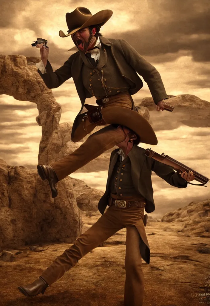 Prompt: an epic portrait of a cowboy firing his revolver Colt 45 while yelling, full body with dynamic pose, during archetypical Old West period, 19th century, male, detailed face, cinematic lighting, by concept art, masterpiece, fantastic, octane render, 8K HD Resolution, High quality image