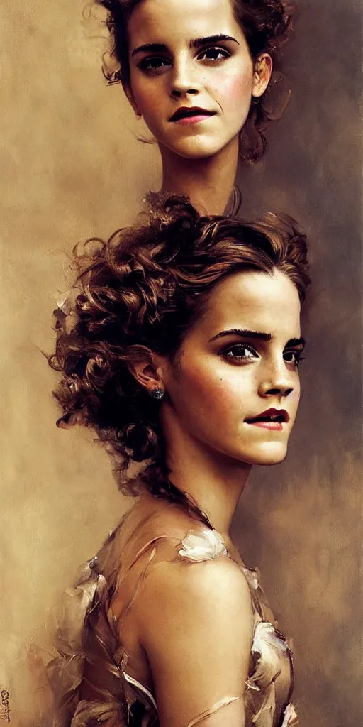 Image similar to emma watson smiling detailed portrait curly updo painting by gaston bussiere craig mullins j. c. leyendecker photograph by richard avedon peter lindbergh annie leibovitz