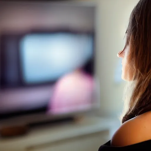 Image similar to Over the shoulder shot of a woman looking back at you. The T.V. is illuminating a disturbing grey image on the TV screen.