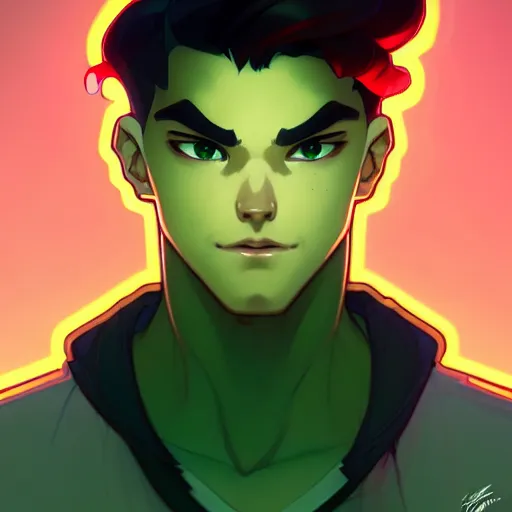 Image similar to a face portrait character design by artgerm, cushart krenz, greg rutkowski ross tran alphonse mucha. young danny phantom!! glowing green eyes!! bold outline sharp edges. ultra clear detailed. 8 k. elegant, neon colors, symmetry, intricate complexity, epic composition, magical atmosphere, cinematic lighting masterpiece trending on artstation 8 k octane.