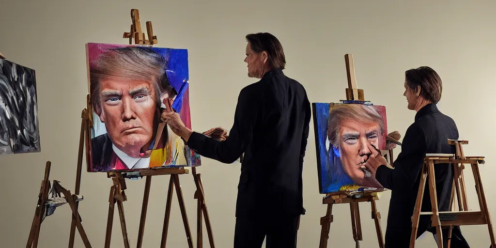 Image similar to actor jim carrey, stands at a his easel, painting donald trump, soft focus, long exposure