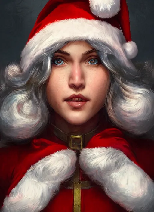 Image similar to digital _ painting _ of _ female santa clause _ by _ filipe _ pagliuso _ and _ justin _ gerard _ symmetric _ fantasy _ highly _ detailed _ realistic _ intricate _ port