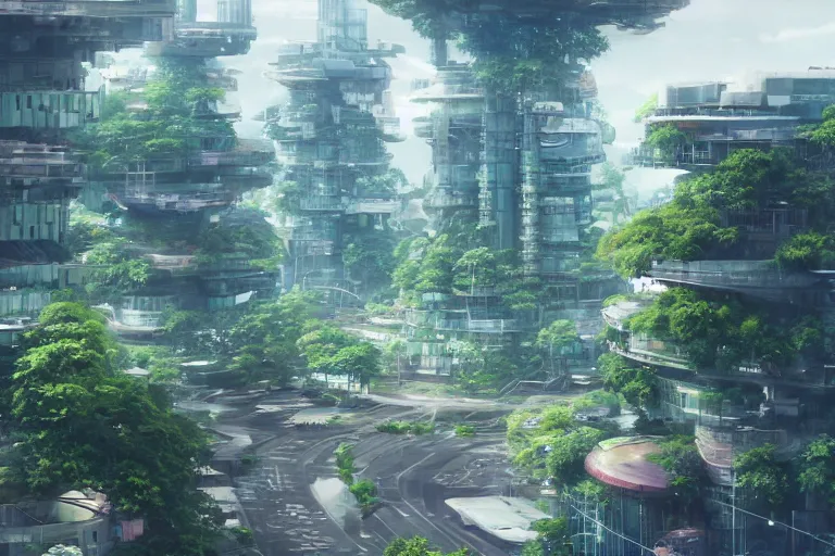 Prompt: futuristic city, lush vegetation, humid, early evening, cloudy, beautiful, dull pastel colors, realistic, hyper detailed, octane render, trending on artstation by yoshitaka amano and makoto shinkai, studio ghibli style