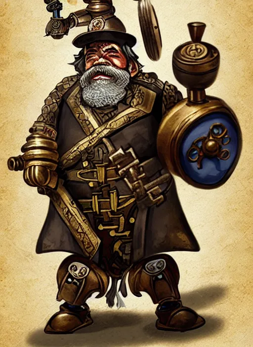 Prompt: an old dwarf musketeer and his large clockwork robot companion, golem, steampunk, ming dynasty, chinese fantasy, realistic, detailed, dungeons and dragons, tabletop rpg, ghostblade, wlop.