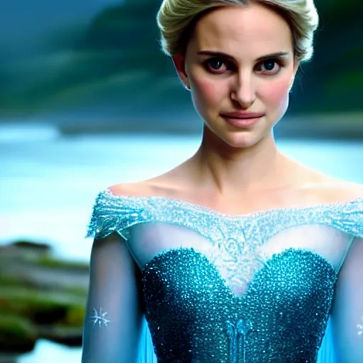 Prompt: princess elsa played by a young natalie portman with smooth skin and light blue eyes, ethereal, mystic, medium shot, detailed eyes, vivid, golden hour