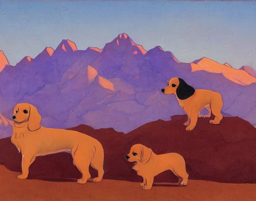 Image similar to Himalayan Dachshund, with Himalaya in the background, sunset, painting by Nicholas Roerich