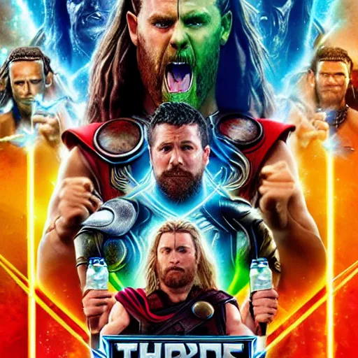 Prompt: advertisement for a water bottle in the style of thor ragnarok movie posters