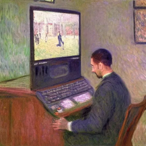 Image similar to monet painting of a skinny man playing warzone on a computer, a soccer game is on the tv behind him, highly detailed, realistic,