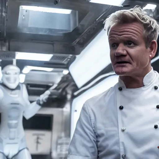 Image similar to gordon ramsey starring as robocop movie, movie still, 8 k