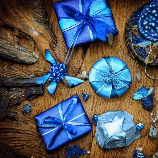 Image similar to blue snappy gifts in magical forest, gifts, dark atmosphere, high detail, soft lighting, 8 k