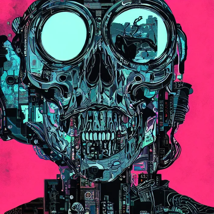 Prompt: a beautiful painting of a cyberpunk skull by malika favre, in style of noir illustration. colorful comic, symmetry, sci fi, hyper detailed. octanev render. trending on artstation