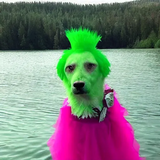 Image similar to ( ( green putin wearing a pink tutu ), on a boat on a lake!!!!!!!!!!!!
