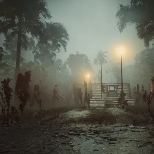 Image similar to Realistic art of zombie apocalypse in lost city, ultra detailed, photorealistic,8K,HD, sky light, foggy, police signals, peoples panic,