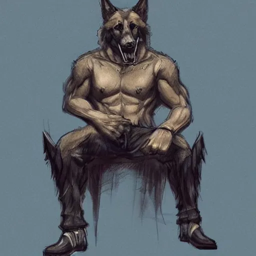 Image similar to a humanoid german shepherd beast - man, sitting on a couch and puts on jeans, artstation, concept art, smooth, sharp foccus ilustration, artstation