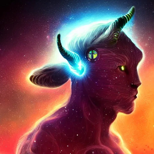 Prompt: a highly detailed galaxy cat with horns and wings in space , trending on artstation, digital art, 4k, hyper realism, high detail, cinematic, cinematic lighting, high detail, realistic, fantasy
