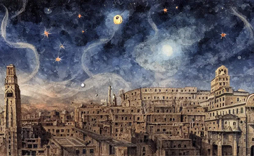 Prompt: buildings, stars and paisley filled sky, artstation, intricate, highly detailed, digital painting, concept art, sharp focus, illustration by Enki Bilal and Piero della Francesca