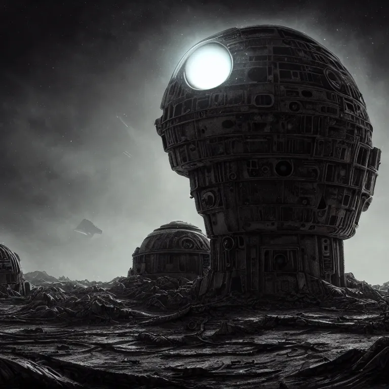 Image similar to landscape abandoned alien structure on exoplanet, black mos eisley designed by giger, wrecked skeletal technology, dark clouds, surreal abandoned buildings, dream-like heavy atmosphere, baroque painting, beautiful detailed intricate insanely detailed octane render trending on Artstation, 8K artistic photography, photorealistic, dramatic volumetric cinematic light, chiaroscuro, award-winning photograph, masterpiece, Raphael, Caravaggio, Beksinski, Giger