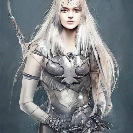 Prompt: fantasy art of beautiful woman warrior in plate armor, medium shot, white hair, very realistic, very detailed, cgsociety, anime, matte painting, intricate, by wlop