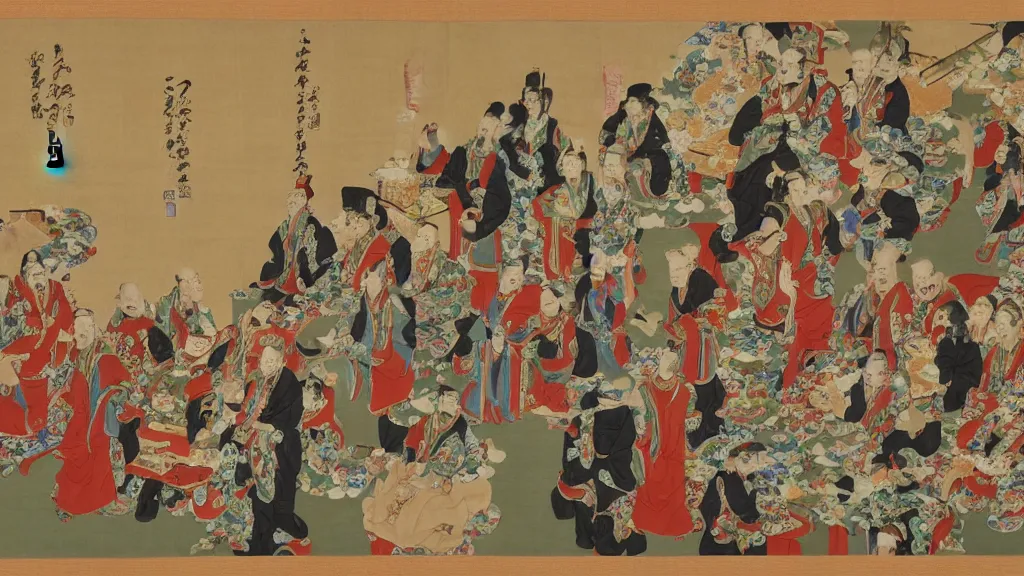 Prompt: Dukang's banquet, by xu xi, mi fu, Nobuyoshi Araki, masterwork, Tang dynasty, a horizontal handscroll painting on silk. Dukang is seated in the center with officials and musicians flanking him, and servants carrying food and wine vessels entering from the left, HD, 8K