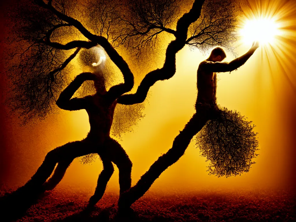 Image similar to award - winning color photo of a man transforming into a tree, a blinding sun in the background, the soil is on fire, chiaroscuro, awe, terror, beauty