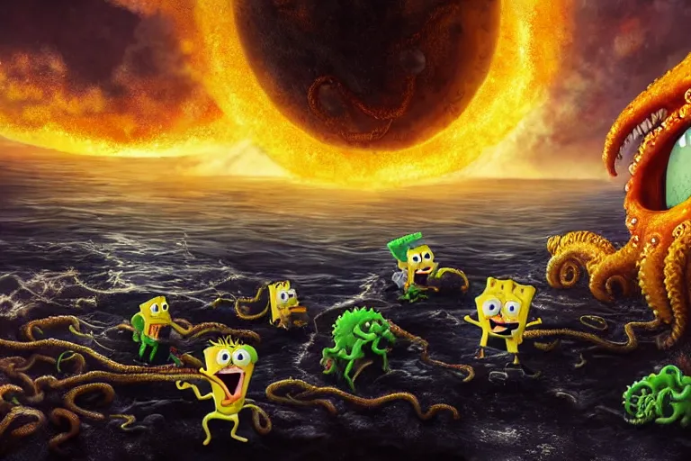 Prompt: Spongebob fighting Cthulhu tentacles, explosions, photorealistic moon surface, high detail, movie poster, lunar, silhouetted