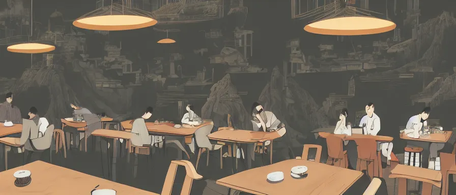 Image similar to a beautiful interior view illustration of a small roasted string hotpot restaurant in yan'an city, restaurant wall paper is a tower on a mountain, rectangle white porcelain table, people are eating, black chair, animation illustrative style, from china, simple style structure decoration design, victo ngai, james jean, 4 k hd