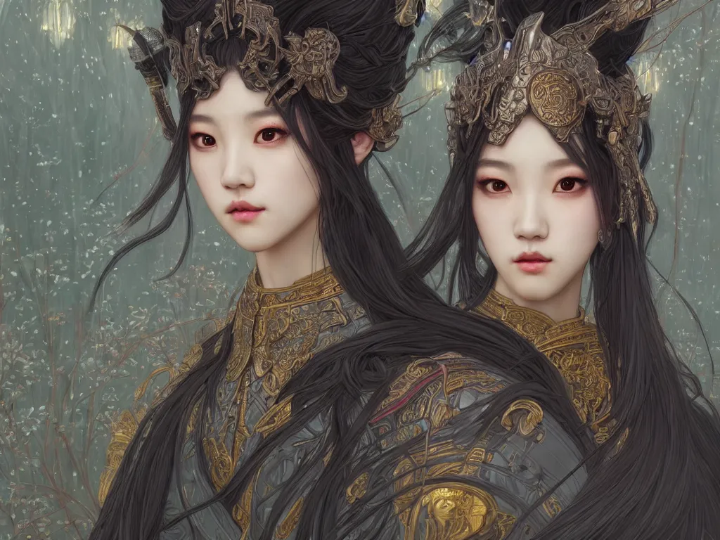 Image similar to portrait jisoo blackpink, grey hair armored samurai clothes, in fire japanese temple wet night, ssci - fi and fantasy, intricate and very very beautiful and elegant, highly detailed, digital painting, artstation, concept art, smooth and sharp focus, illustration, art by tian zi and wlop and alphonse mucha