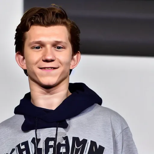 Image similar to Tom Holland wearing a Chapman sweatshirt