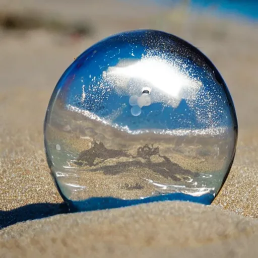 Image similar to a transparent sphere on a beach with a crab looking at it