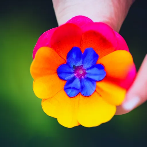 Image similar to closeup photo of rainbow - colored flower with 7 petals, held by hand, shallow depth of field, cinematic, 8 0 mm, f 1. 8