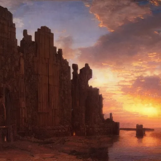 Prompt: colossal gate made of dark stone with sunset showing through high walls, epic scale, oil painting by gerome, mucha, artstation, 4 k