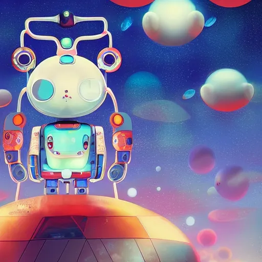 Image similar to a robot mascott by takashi murakami,, beeple and james jean, aya takano color style, 4 k, super detailed, night sky, digital art, digital painting, celestial, majestic, colorful