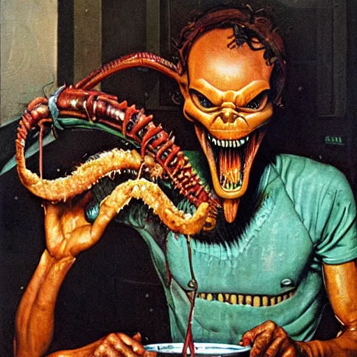 Prompt: alien xenomorph eating a cheeseburger, painted by norman rockwell height 7 6 8 - n 9