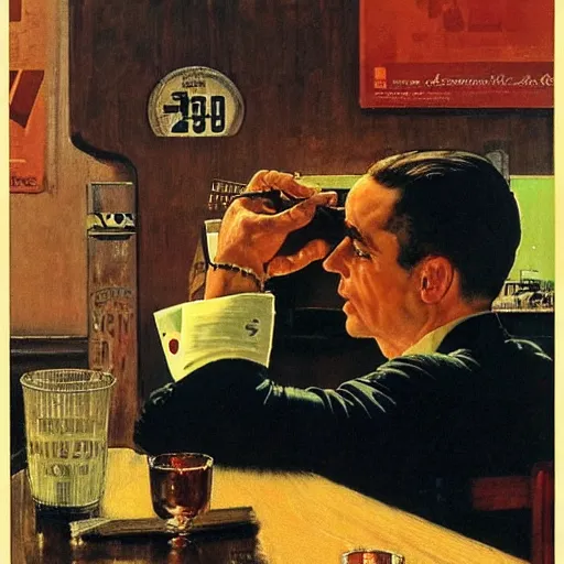 Image similar to a portrait of a man in the 1 9 6 0 s drinking alone in a bar late at night, by norman rockwell