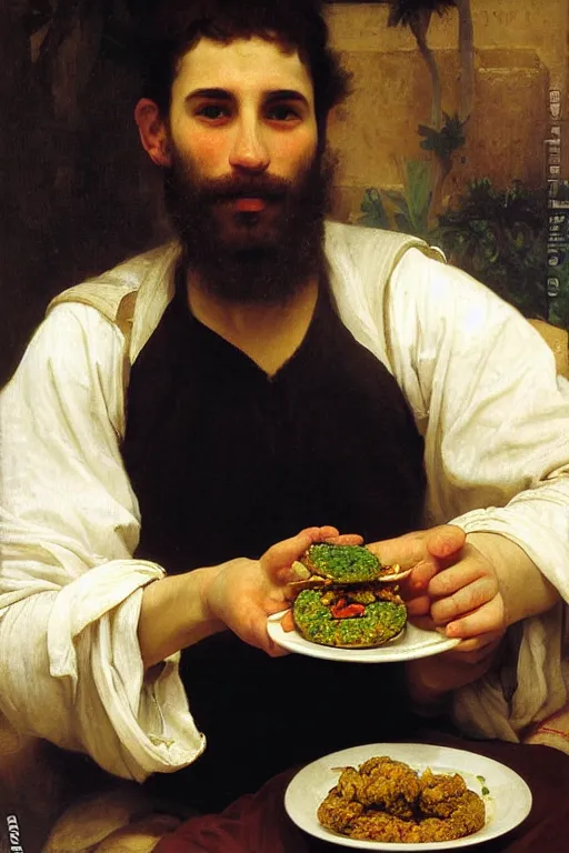 Image similar to portrait of a young Israeli man eating falafel, bouguereau