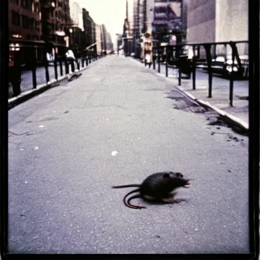 Image similar to wide-shot very low-angle eyesight photo of a rat at the street in New York, polaroid photo, by Andy Warhol, signed