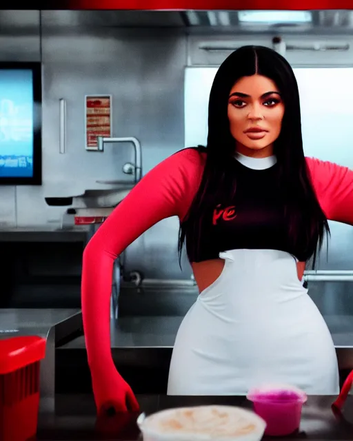 Prompt: film still of obese kylie jenner as a mcdonald's worker, vibrant high contrast, octane, arney freytag, cinematic, portrait, backlit, rim lighting, 8 k