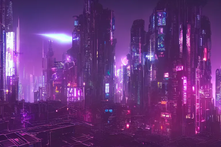 Image similar to detailed landscape of a cyberpunk city at night. wallpaper. purple color palette. hd. artstation.