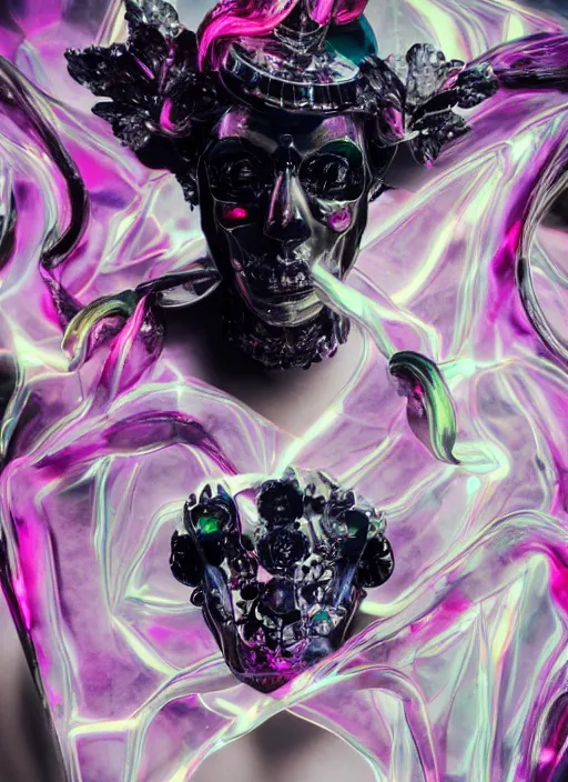Image similar to photo of fullbodied baroque and bladerunner delicate neon diamond sculpture of seductive onyx albino marble prince kai harvatz dotado pink iridescent skull psychedelic, reclining, glowing magenta face, crown of white diamonds, cinematic lighting, photorealistic, octane render 8 k depth of field 3 d