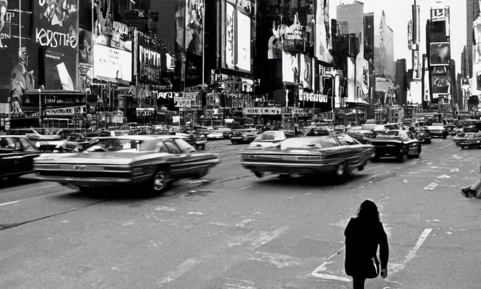 Image similar to A film still from a 1970s movie, new york city, times square, Realism, 4k, 8mm, Grainy, Panavision