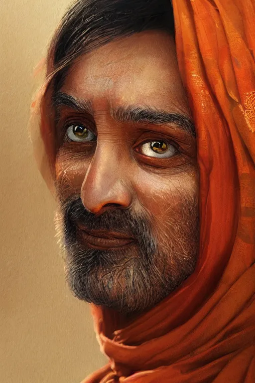 Image similar to hindu priest, close - up portrait, devoted, intricate, elegant, volumetric lighting, scenery, digital painting, highly detailed, artstation, sharp focus, illustration, concept art, ruan jia, steve mccurry