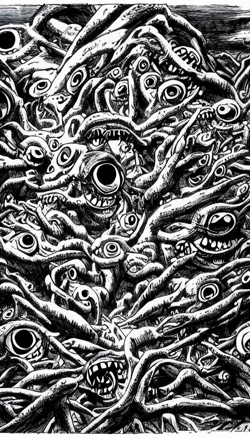 Image similar to a storm vortex made of many demonic eyes and teeth over a forest, by ed roth