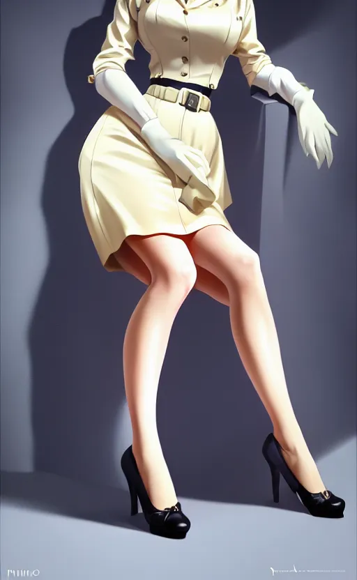 Image similar to a beautiful blonde femme fatale woman wearing a 1 9 4 0 s skirt, silk stockings, and padded shoulders jacket, anime. realistic shaded lighting by ilya kuvshinov giuseppe dangelico pino and michael garmash and rob rey, 8 k