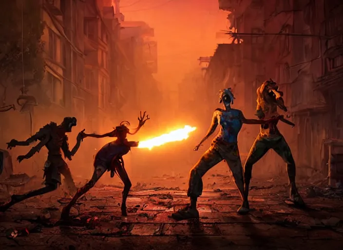 Image similar to a battle in the ruined streets at night between 3 d pixar disney zombies and 3 d heroic survivor in the style of pixar walkind dead, being lit by fireflames, medium shot, studio ghibli, pixar and disney animation, sharp, rendered in unreal engine 5, anime key art by greg rutkowski, bloom, dramatic lighting