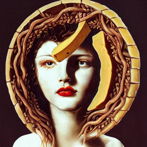 Image similar to medusa eating a large wheel of cheese, color film, photorealistic,